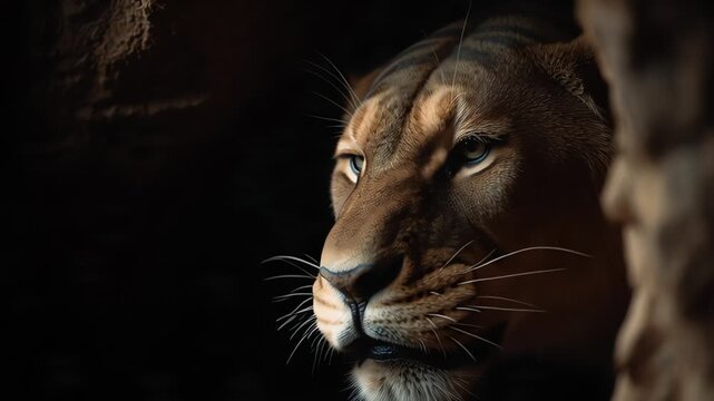 Aggressive Saber Tooth Tiger Roaring in the Dark