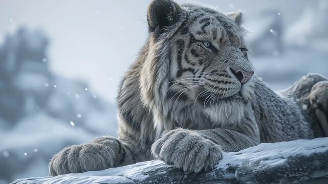 Powerful Saber Tooth Tiger resting in snowy mountains
