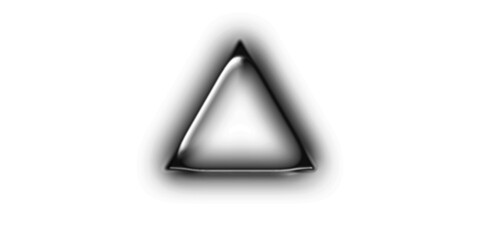 A glossy, metallic, hollow triangle with a subtle shadow, creating a three-dimensional effect on a white background.
