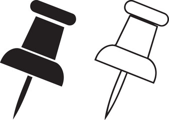 A minimalist vector graphic featuring a pair of pushpins or thumbtacks. One is shown with a solid black fill, and the other is a clean black outline, perfect for office or organization themes.