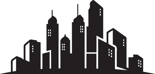 Obraz premium A solid black silhouette of a modern city skyline, featuring various skyscrapers and high-rise buildings of different heights and architectural styles.