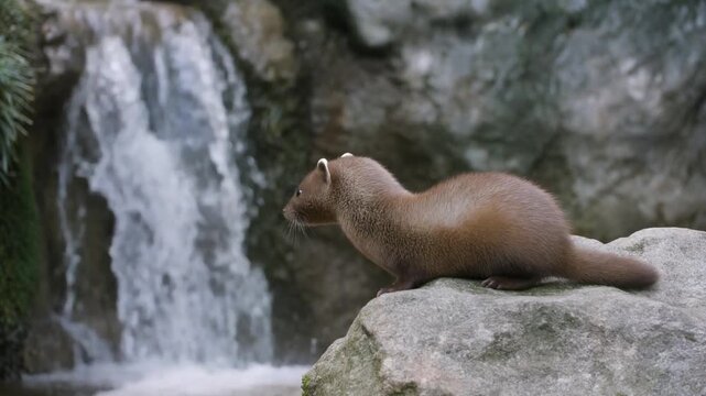 A curious mink sits on a rock, observing the waterfall, showcasing nature's serenity