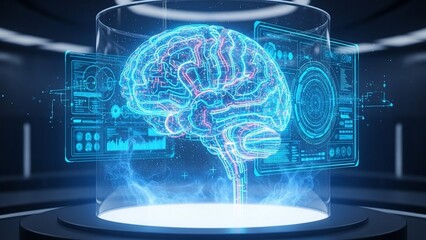 A glowing holographic human brain displayed in a futuristic glass cylinder with digital interface elements and blue energy effects.