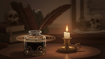 feather quill pen in inkwell with candle and books on table ancient writing concept ancient writing concept ancient writing concept ancient writing concept