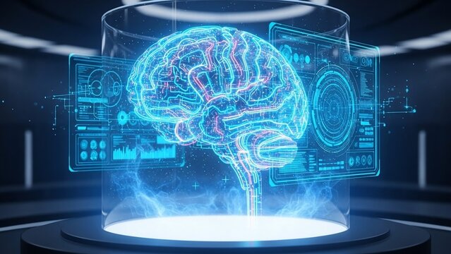 A glowing holographic human brain displayed in a futuristic glass cylinder with digital interface elements and blue energy effects. - Powered by Adobe