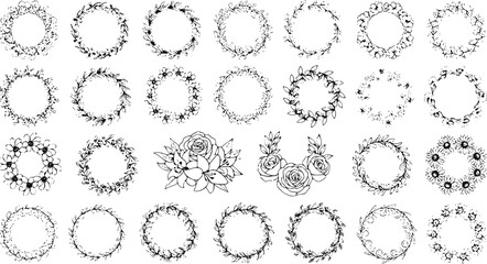 Hand-Drawn Floral Wreath Collection - Black and White Line Art, Vector Illustrations for Decoration and Design