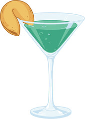 Modern Stylish Martini Glass with Green Cocktail and Fortune Cookie Illustration
