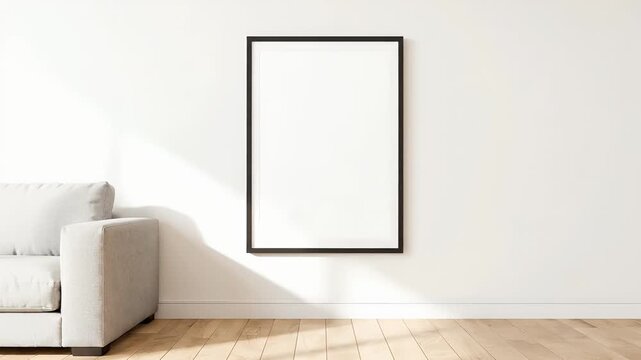 Minimalist Living Room with Sofa and Blank Frame Mockup.