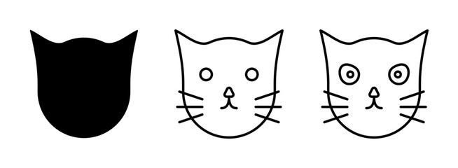 Cat icon set. Simple black and white striped cat head emoticon image. Isolated vector.