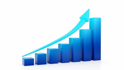 A vibrant 3D rendering of a blue bar chart with an ascending arrow, visually representing business growth, financial progress, and positive market trends.