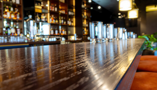 A polished wooden bar counter in a dimly lit bar with bottles on shelves.