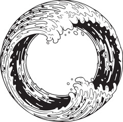 A dynamic black and white vector illustration of an ocean wave curling into a circular frame. The high-contrast, hand-drawn style captures the energy of foaming water and cresting surf.