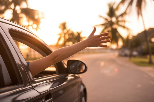 Person reaching their arm out of a car window while driving down a tropical road at sunset, concept of freedom, travel and adventure.