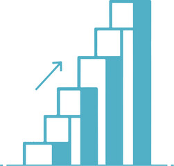 Obraz premium A teal blue vector graphic featuring a rising bar chart with an upward-pointing arrow, symbolizing financial growth, business progress, data success, and developmental improvement.