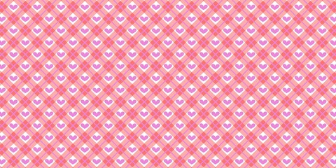 Seamless red plaid pattern with cute purple heart icons inside diamond shapes, creating a romantic and playful background ideal for Valentine designs, wallpapers, textiles, and gift wraps.