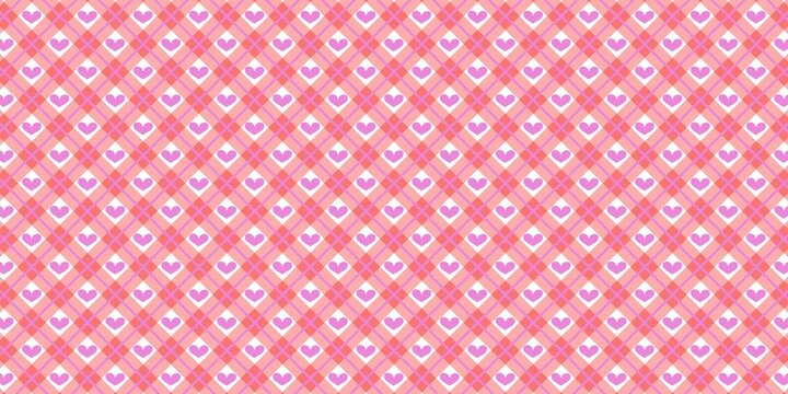 Seamless red plaid pattern with cute purple heart icons inside diamond shapes, creating a romantic and playful background ideal for Valentine designs, wallpapers, textiles, and gift wraps.