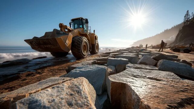 Large stone blocks are placed in a staggered arrangement by heavy machinery to form a sturdy sea wall barrier near the coast.