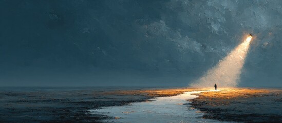 Obraz premium Figure walks toward beam of light; dark landscape, moody sky, painting style
