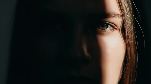 Close-up of a woman's face with dramatic lighting