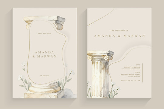 Elegant Classical Wedding Invitation Template with Roman Columns and Floral Accents