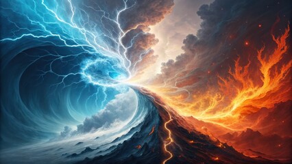 Planet Earth surrounded by fire glowing in space under a dramatic sky