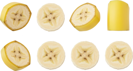 Eight Bright Yellow Banana Slices Arranged On A Transparent Background Showing Varied Cross Section Angles And One Uncut Segment Fruit Food Ripe Isolated Healthy
