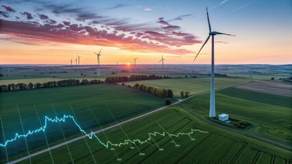 A serene rural landscape featuring a wind turbine farm at sunset, where sustainable technology generates green energy under a dramatic sky to power a cleaner environment
