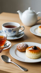 Delicious pastries and tea on wooden table