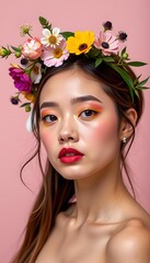 Naklejka premium Vibrant Portrait of a Young Woman with Floral Headpiece Against a Soft Pink Background, Showcasing Bold Makeup and Natural Beauty Aesthetics