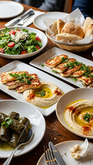 Delicious Middle Eastern dishes on a wooden table setting