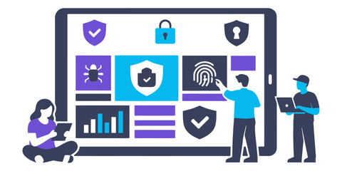 Cybersecurity dashboard interface with data protection and biometric authentication illustration