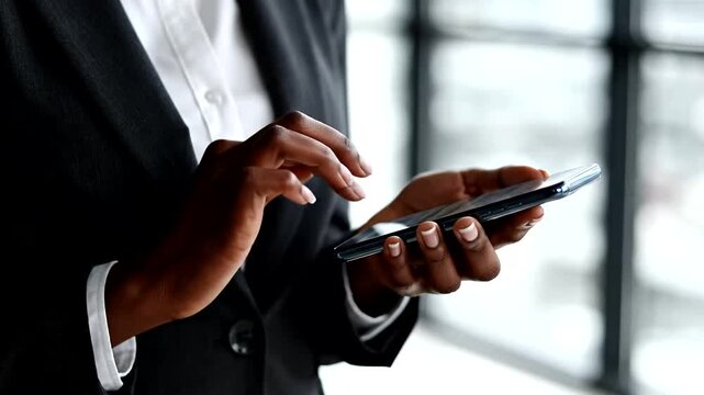 Professional businesswoman managing tasks and communicating effectively using a smartphone. Emphasizes digital tools, mobile efficiency, and modern corporate connectivity for success.