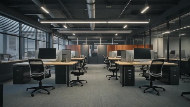 Cinematic stock video of a wide corporate office workspace with clean layout and professional lighting. Suitable for business growth and corporate culture themes.