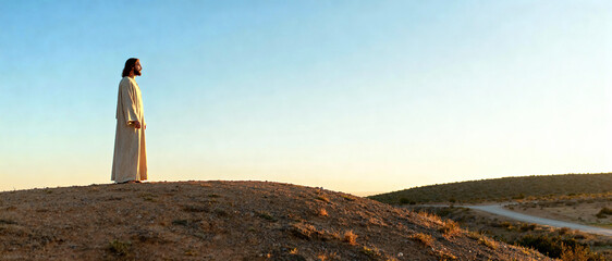 A lone figure stands atop a hill, gazing towards the horizon under a serene sky. The person is dressed in white robes