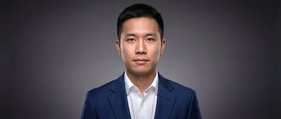 Portrait of a businessman looking confident and serious. He wears a blue suit and is well-groomed