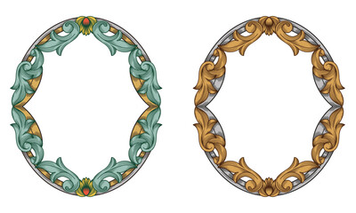 Set of vintage elegant frame with victorian ornamental. Classic engraved frames green color and gold . Ideal for wedding invitations, decorative borders, antique designs, luxury branding, mirror frame