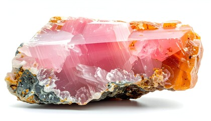 A close-up of a pink & orange crystalline mineral, partially opaque, with rough textures