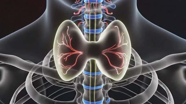 3D Animation of Thyroid Gland with Skeletal Structure and Blood Vessels on Dark Background for Medical Visualization