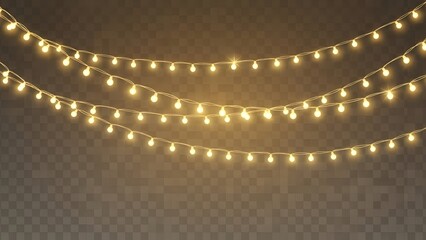 Three Strands of Glowing Yellow Christmas Lights on Transparent Background string lights
