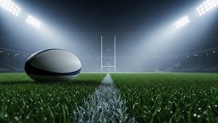 A rugby ball rests on a vibrant green grass field under bright stadium lights with goalposts in the background, ready for a match.