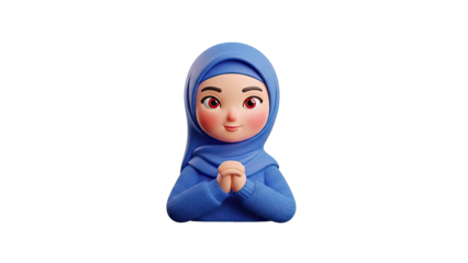 3D Cartoon Girl Wearing Blue Hijab and Sweater, Clasped Hands