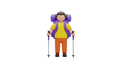 3D Cartoon Hiker with Backpack and Poles