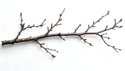 A close-up shot of a slender tree branch with small buds against a white background