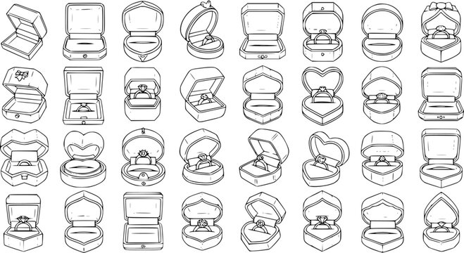 Jewelry Ring Boxes Outline Art Set. Hand-drawn collection of black and white line art icons featuring empty and engagement ring boxes for wedding, proposal, luxury, and retail industry designs.