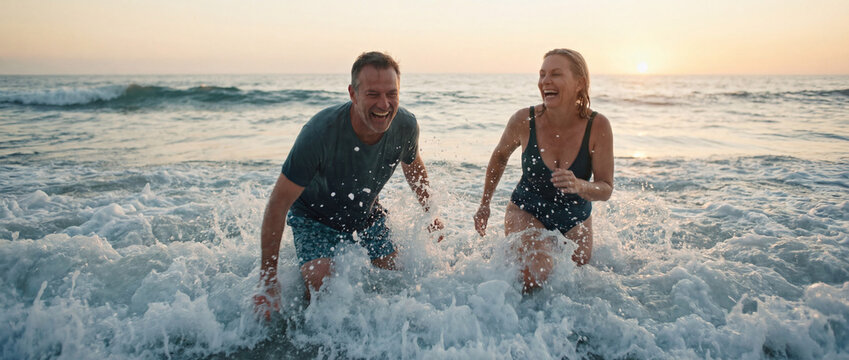 A joyful couple shares an intimate moment as they frolic in the ocean's waves. The setting sun paints the sky with warm hues.