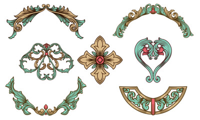 Colored ornate vintage engraved decorative ornament, calligraphy scroll elements collection vector illustration. Set of antique flower, swirls, flourish, floral motifs for greeting card, wedding, menu