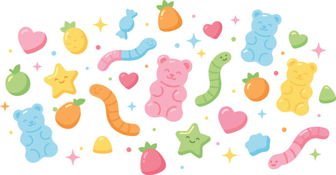 Colorful candy and fruit illustration, gummy bears, gummy worms, sweet treats, playful dessert background, cheerful kids snack design, vector art