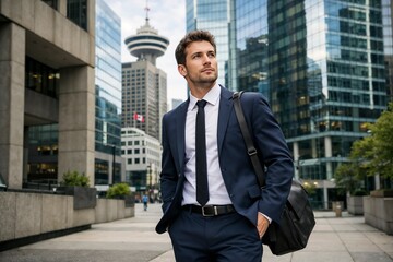 Professional young businessman in formal suit carrying backpack in urban cityscape with modern glass skyscrapers and a prominent tower in the background
