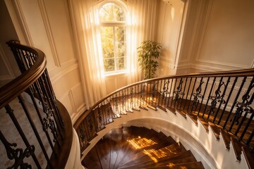 Elegant Spiral Staircase with Wooden Steps and Ornate Iron Railing in Bright Sunlit Room
