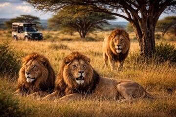 Majestic Lions Resting in the African Savannah with a Safari Vehicle in the Background